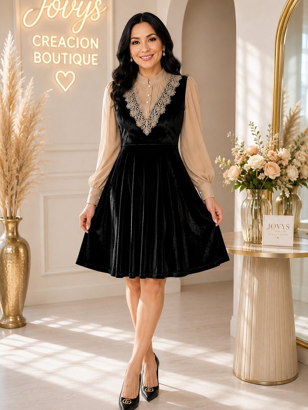 Kaimilan Black Velvet A-Line Midi Dress with Beige Blouse Detailing